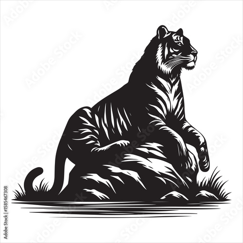 siting tiger face Silhouette Vector Art, and Graphic, vector black color silhouette , solated white background