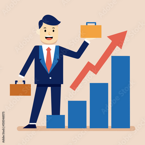 Happy businessman celebrating business growth success with briefcase and bar graph.