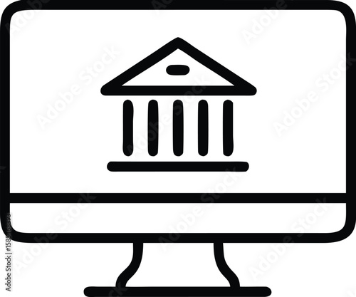Courthouse icon on computer screen, linear design, legal and governmental concept