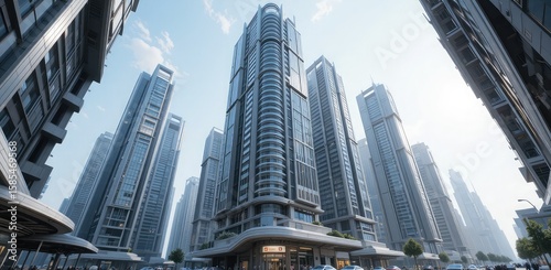 Wallpaper Mural Modern cityscape with tall glass and steel skyscrapers under a bright sky Torontodigital.ca
