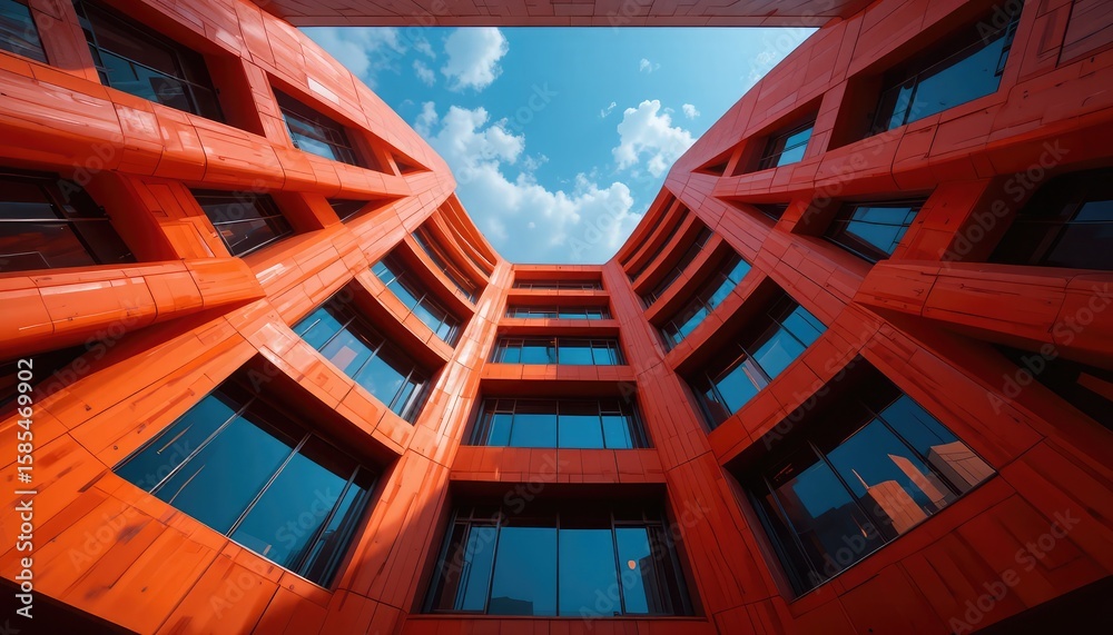 Fototapeta premium Modern orange building facade with reflective windows under a blue sky