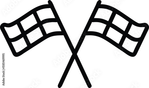 Crossed checkered flags icon, finish line symbol in simple outline style for designs