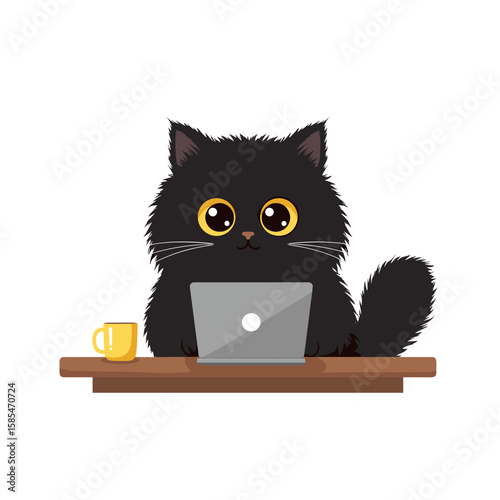 Flat icon of black fluffy cat with round yellow eyes working remotely at desk with coffee and laptop