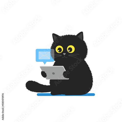Flat icon of fluffy cat checking emails on tablet, tail curled around leg, isolated