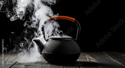 Black teapot emitting steam on a wooden table