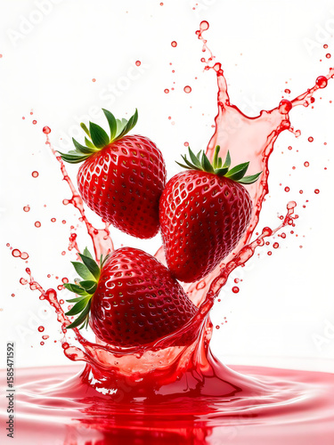 Strawberry Splash: Dynamic display of three vibrant strawberries colliding with splashing juice, a feast for the eyes that captures the pure essence of flavor and freshness.