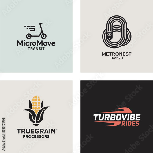 Four distinct logos featuring transportation agriculture and abstract designs branding graphic