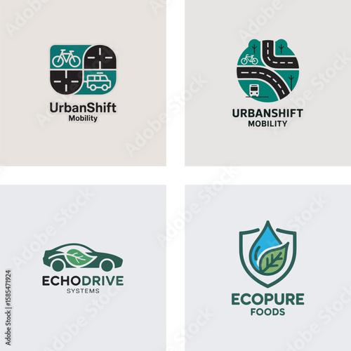Four distinct logos featuring transportation and eco friendly themes urban mobility eco drive