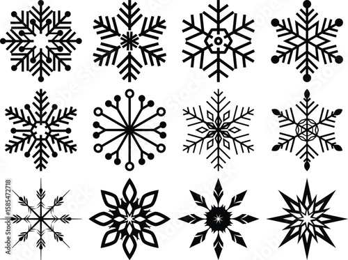 Collection of Unique Black Snowflake Designs – Vector Set of Snowflake Winter Decor
