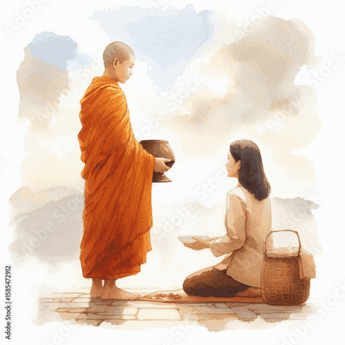 Offering Hands, Fluid Grace Give alms to monks isolated watercolor vector illustration svg