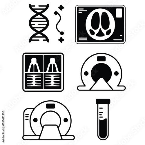 Black and white vector bundle of DNA strand X-ray sheet MRI machine CT scan machine and blood test symbol for medical use