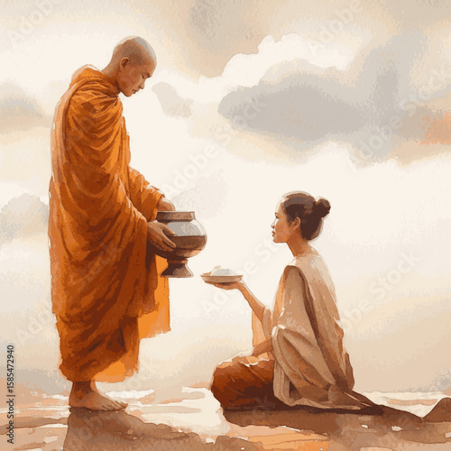 Merit in Morning Hues Give alms to monks isolated watercolor vector illustration svg