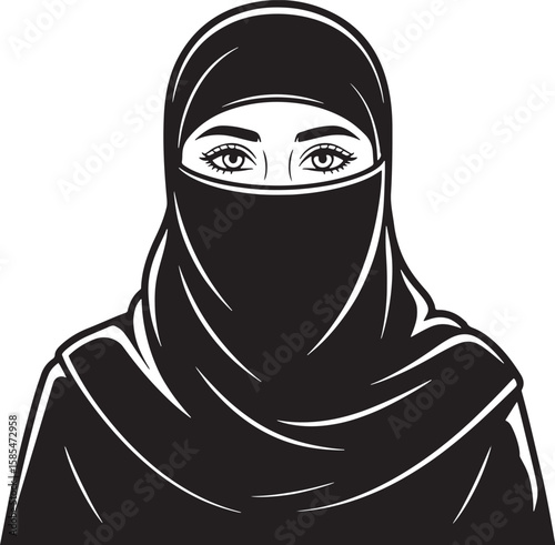 Muslim Woman in Niqab Face Covering Elegant Silhouette Vector Illustration Line Art Design Black and White