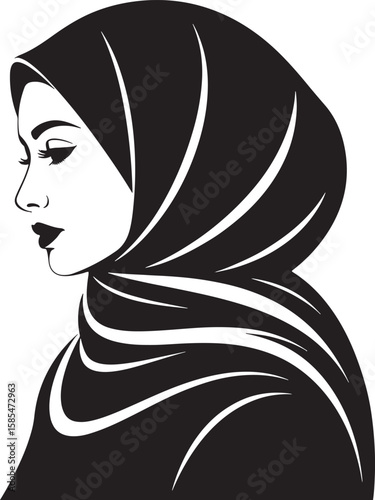 Muslim Woman in Hijab Profile View Elegant Silhouette Vector Illustration Line Art Design Black and White