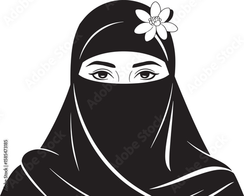 Mysterious Woman in Niqab A Portrait of Modesty and Tradition with Floral Adornment and Veiled Elegance Icon