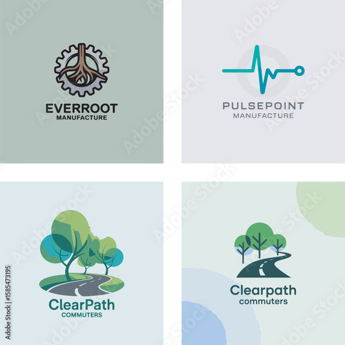 Four diverse logo designs including a gear with roots a heartbeat line a road with trees and abstract shapes