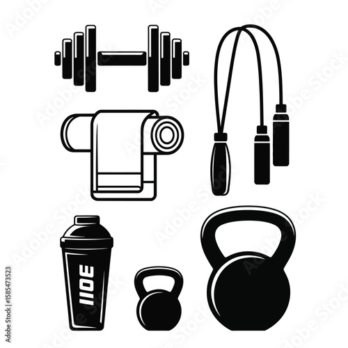 Black and white vector bundle of gym gear including dumbbells kettlebell jump rope towel and shaker