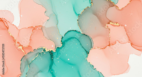 Abstract alcohol ink art with teal peach and gold accents