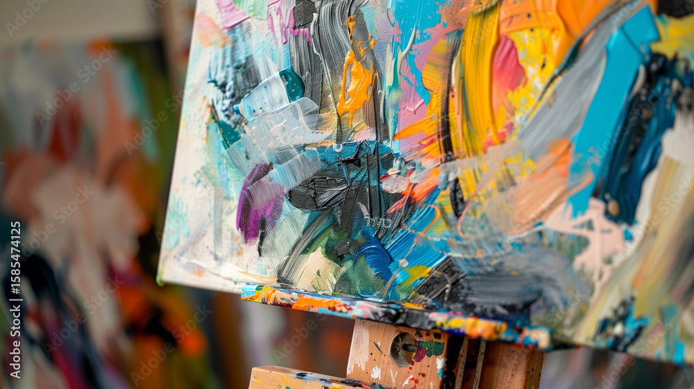 Fototapeta premium Close Up of Colorful Abstract Painting on Wooden Easel 