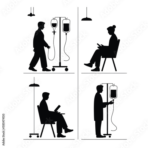 Black and white vector composition of patient walking with IV stand sitting in waiting room consulting doctor and receiving medicine