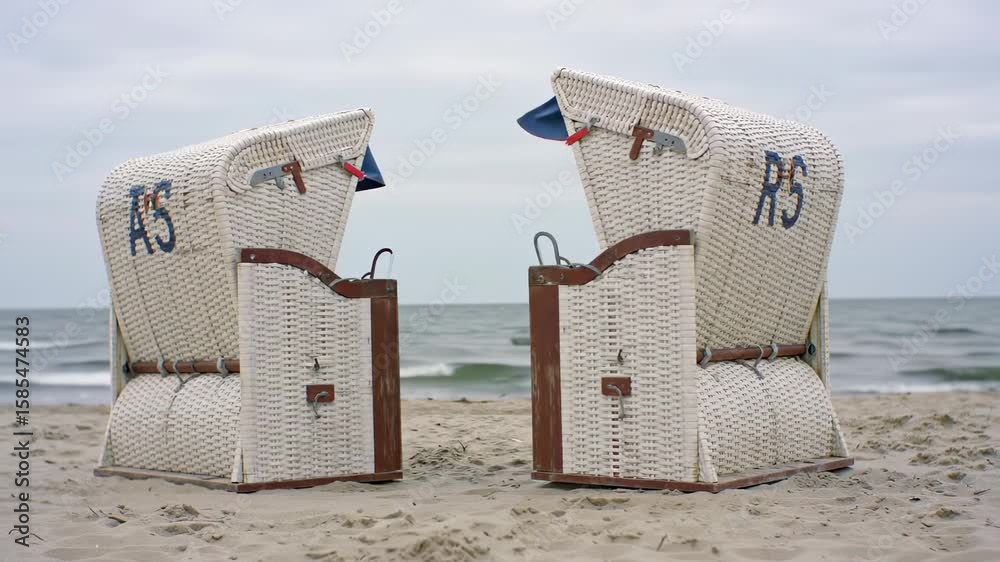 Two white wicker beach chairs on the sand, ocean in the background