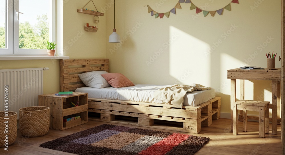 Obraz premium Cozy Kid's Bedroom with DIY Pallet Bed and Natural Sunlight