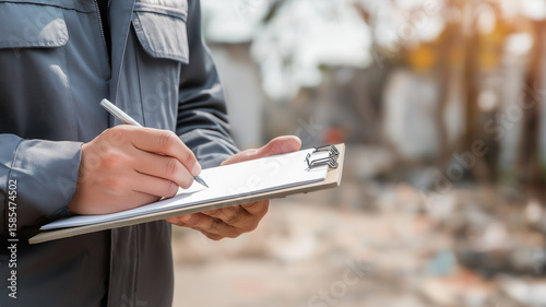 Insurance Adjuster Assessing Property Damage Outdoors with Clipboard
