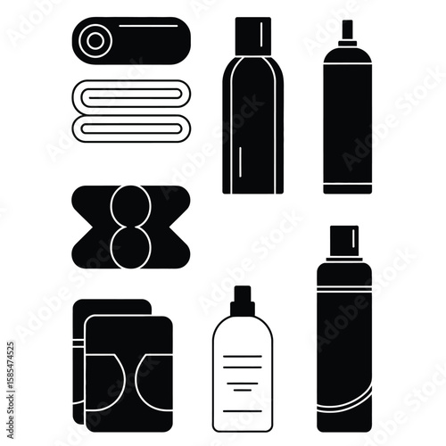 Black and white vector illustration of daily care items including towel dry shampoo wipes and odor spray for pet hygiene