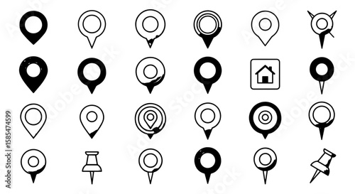Diverse Black  White Map Location Pin, Marker,  Pushpin Icons Set - Vector Collection of Navigation Pointers, Home Symbols,  Place Markers.