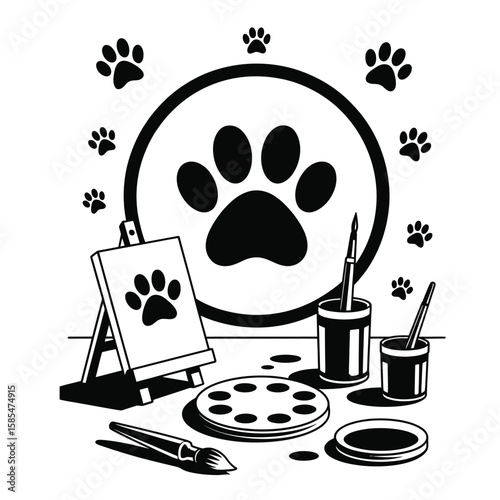 Black and white vector illustration of dog art supplies including paw paint canvas safe ink and apron for creative pets