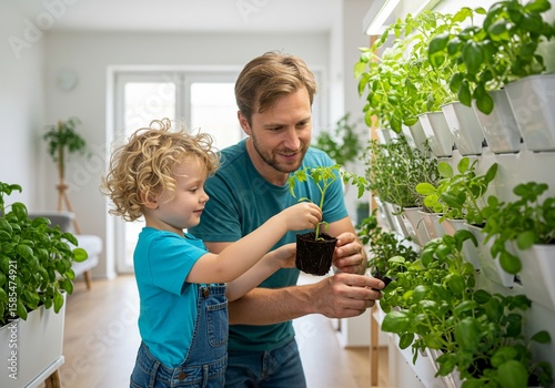 Father and Son Planting Herbs in an Indoor Vertical Garden
