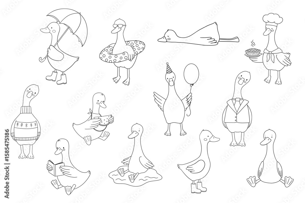 Obraz premium Cute baby goose with swimming ring, watermelon, umbrella. Funny cartoon outline bird illustration isolated on white background for childish coloring book, set