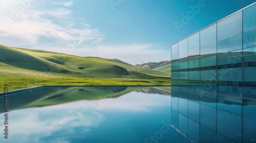 
High tech data center reflects blue sky, surrounded by rolling hills