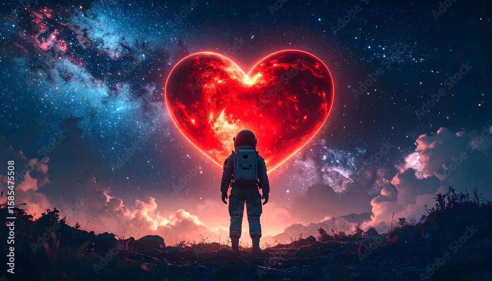 Obraz premium Astronaut Gazing at a Giant Glowing Red Heart in Space