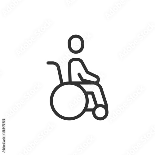 Person in wheelchair, linear icon. Accessibility and mobility support. Line with editable stroke.