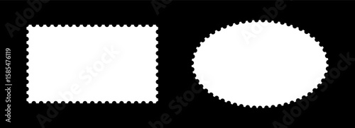 Postage stamp frames set. Empty borders collection, backdrops for postcards, letters. White rectangular, oval vintage stamps. Tags, labels, coupons, boxes with curvy, wiggly, wavy perforated edges.