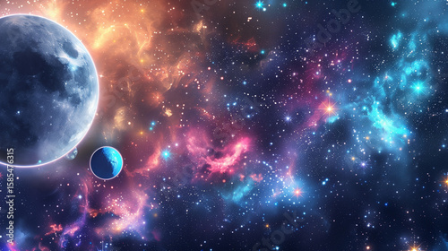 Cosmic Nebula with Glowing Stars and Planets 