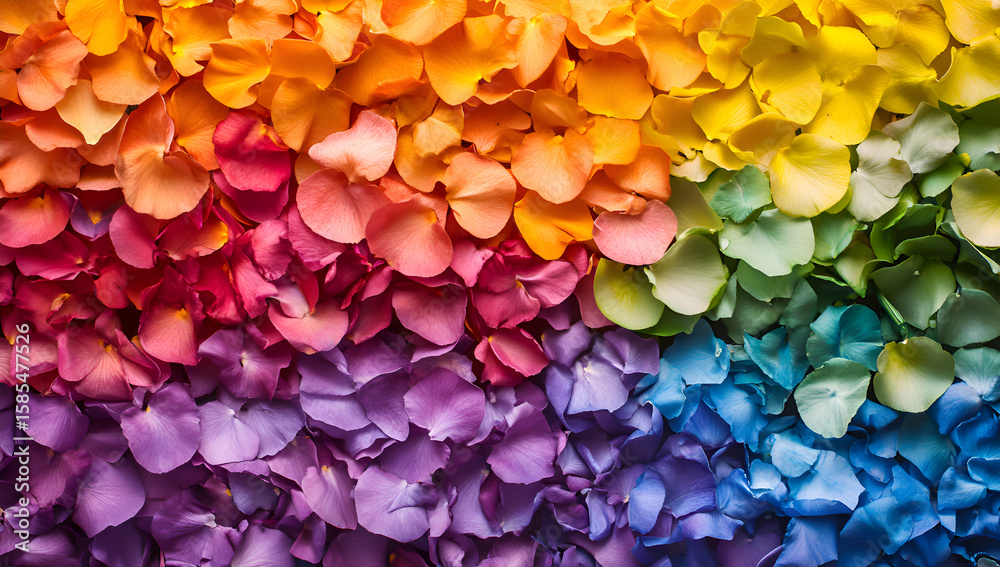 Fototapeta premium Vivid Rainbow Of Rose Petals Colorful Floral Arrangement Top View