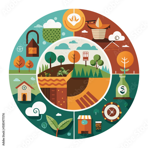 Circular Agriculture Infographic: Soil Health, Livestock Rotation & Cover Crops | Earth Tones Data Vector