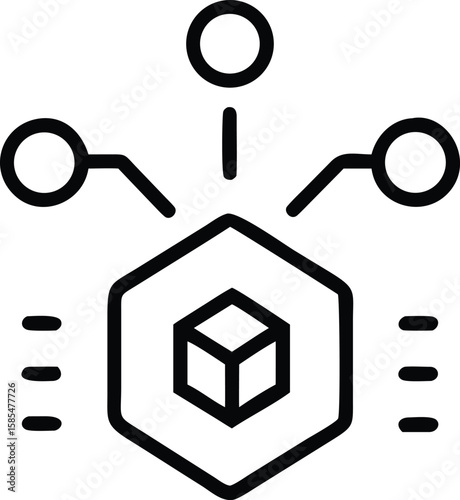 Decentralized network with cube data core outline icon for infographic presentation