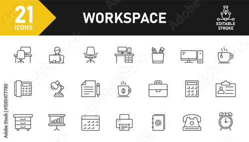 Workspace and office line icon set. Set of 21 outline icons related to coworking, desktop, devices, computer, table, office and others. Editable stroke. Vector illustration.