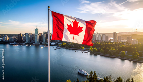Canadian Flag Waves Over City Skyline at Sunset