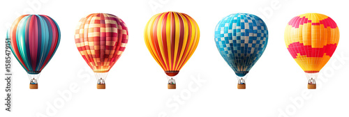A group of colorful hot air balloons isolated on transparent background Png.