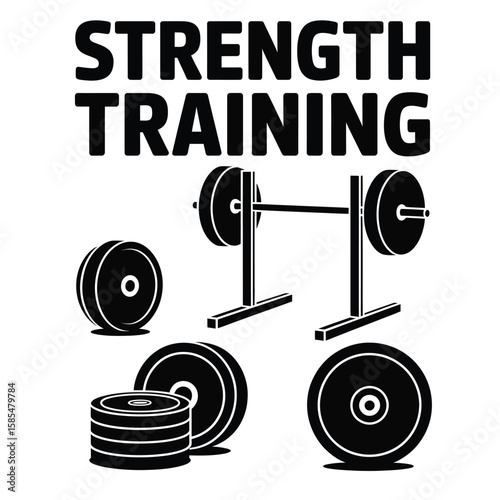 Black and white vector illustration of strength training icons with barbell squat rack and stacked weight plates