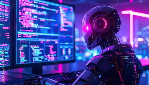 Advanced Robot Coding at Night in Neon City