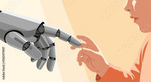 A sleek robotic hand gently reaches out to touch a human finger, symbolizing the evolving connection between artificial intelligence and humanity in a modern digital age.