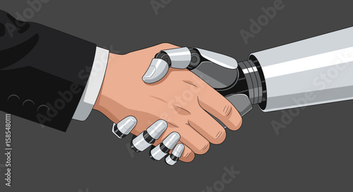 Illustration of a human hand shaking a robot hand, symbolizing the collaboration between humans and artificial intelligence in a modern business setting.