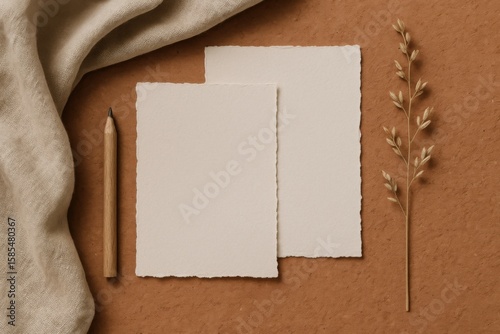 Pale paper and natural elements arranged on textured surface for creative work