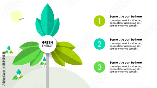 Infographic template. Wind turbine tower with leaves and 3 steps