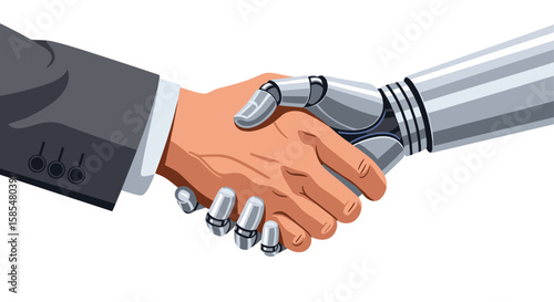 A human hand shaking with a robotic hand, symbolizing a business deal, partnership, or technological advancement in a clean, white background.
